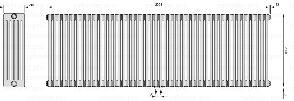 Схема (чертеж) Радиатор Zehnder Charleston 6250/48 №5410 Белый глянцевый RAL 9016